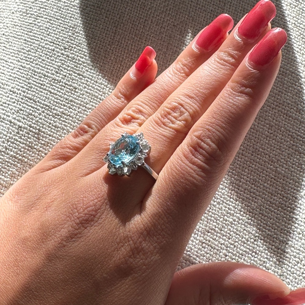 Sterling Silver Aquamarine Clear Crystal Ring with Gift Box 7.5
